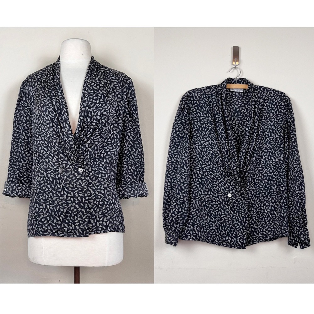 vintage 90s silk double breasted blouse draped cowl neck collar abstract Print